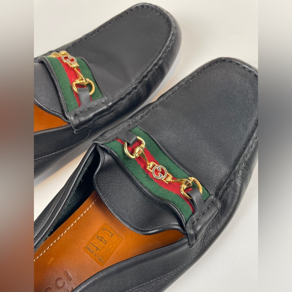 GUCCI Black Leather Driving Loafer Flat LOGO Horsebit Green Red Stripe MENS 11 - Picture 11 of 13